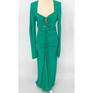 Rebecca Vallance Womens Riccardo Ruched Gown 10 Green Cutout Long Sleeve NWOT